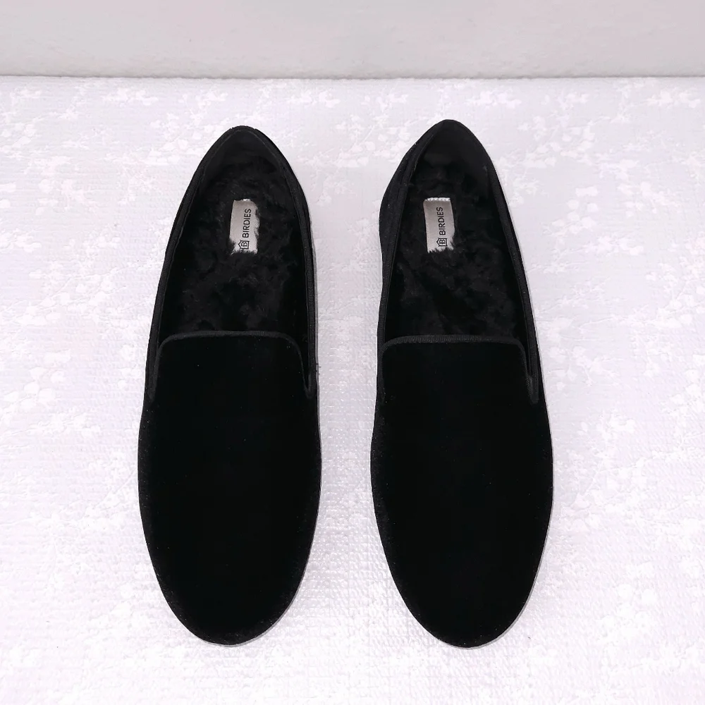 BIRDIES The Starling Velvet Flats US 8.5 Black Faux-Fur Lined Slip-On Loafer